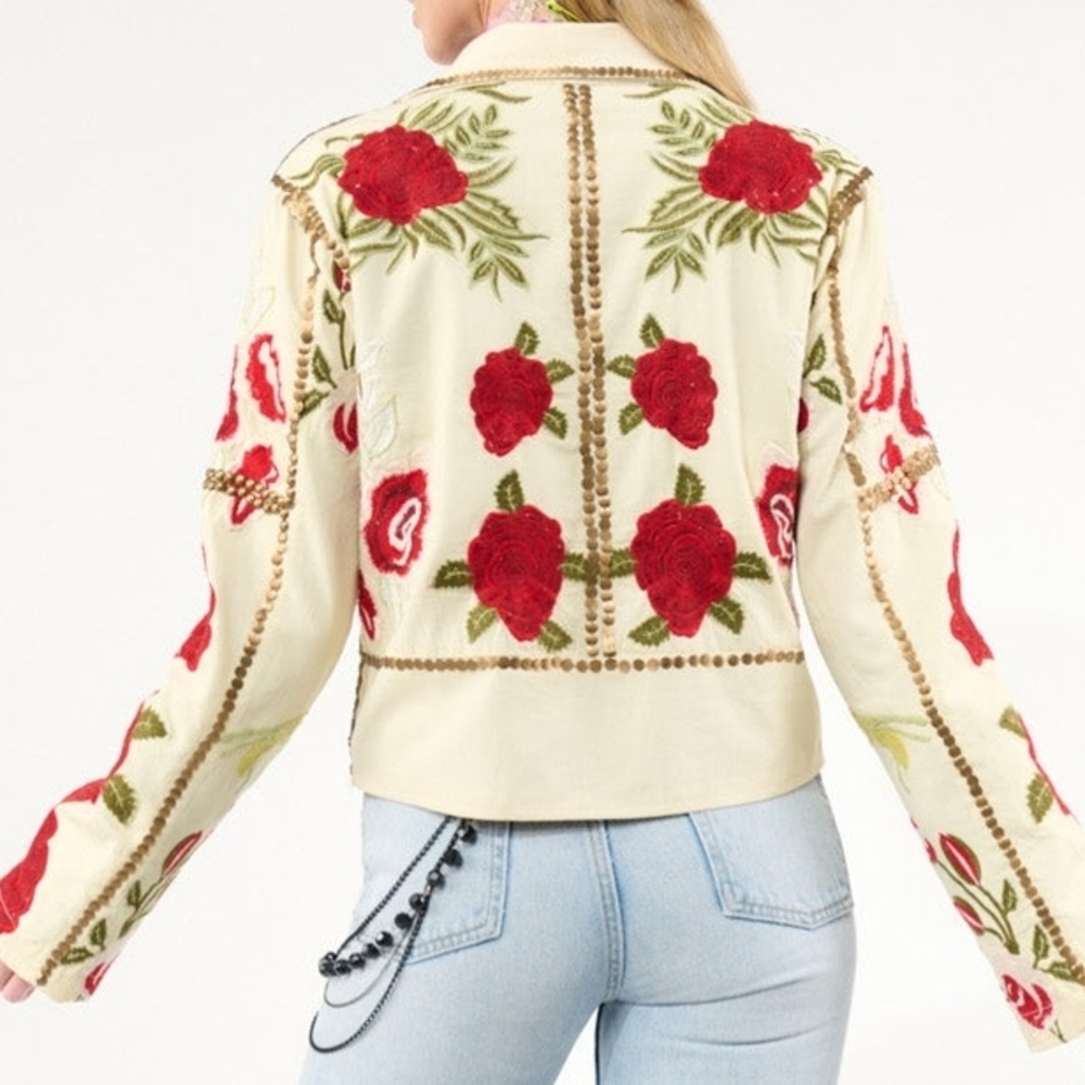 Aratta Cream Leather Jacket with Red Floral Embroidery - Picture 3 of 4